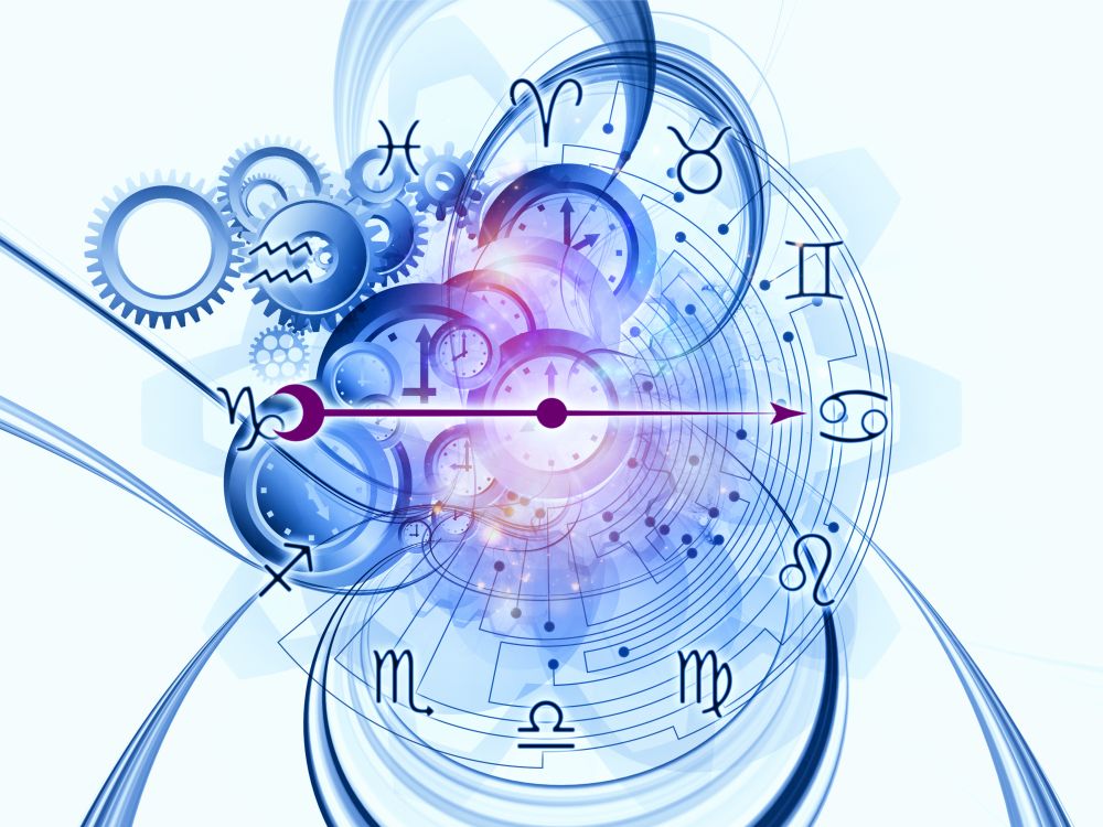 Background design of Zodiac symbols, gears, lights and abstract design elements on the subject of astrology, child birth, fate, destiny, future, prophecy, horoscope and occult beliefs
