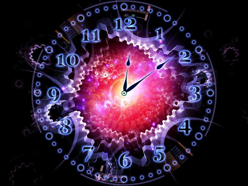 Design composed of clock hands, gears, lights and abstract design elements as a metaphor on the subject of time sensitive issues, deadlines, scheduling, temporal processes, past, present and future
