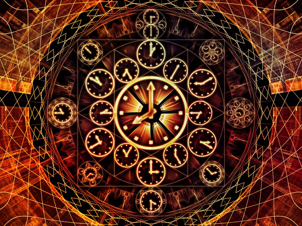 Circles of Time series. Abstract design made of clock symbols and fractal elements on the subject of science, education and prediction