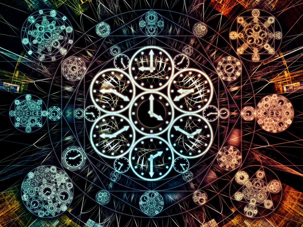 Circles of Time series. Design composed of clock symbols and fractal elements as a metaphor on the subject of science, education and prediction