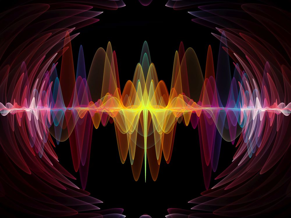 Wave Function series. Backdrop of  colored sine vibrations, light and fractal elements to complement designs on the subject of sound equalizer, music spectrum and  quantum probability