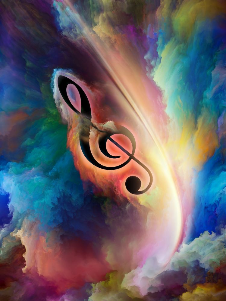Treble clef symbol in swirl of colorful paint as backdrop for works on art, inspiration, creativity, sound performance and classical music. Custom background series.