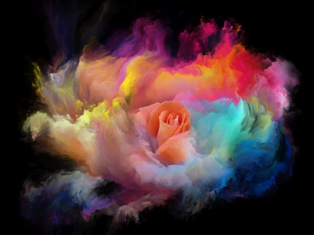 Fusion of rose bud and  colorful paint on the subject of spirituality and religion