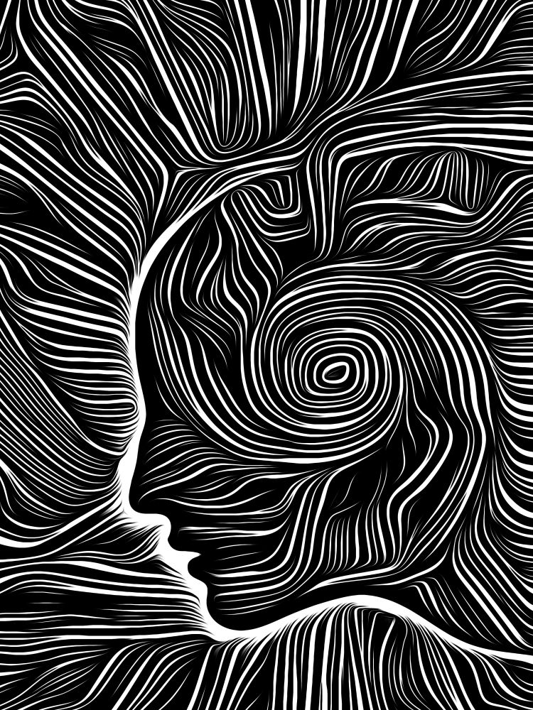 Profile face integrated in black and white woodcut pattern. On subject of the mind, consciousness, reason and human drama. Black and White Poetry series.