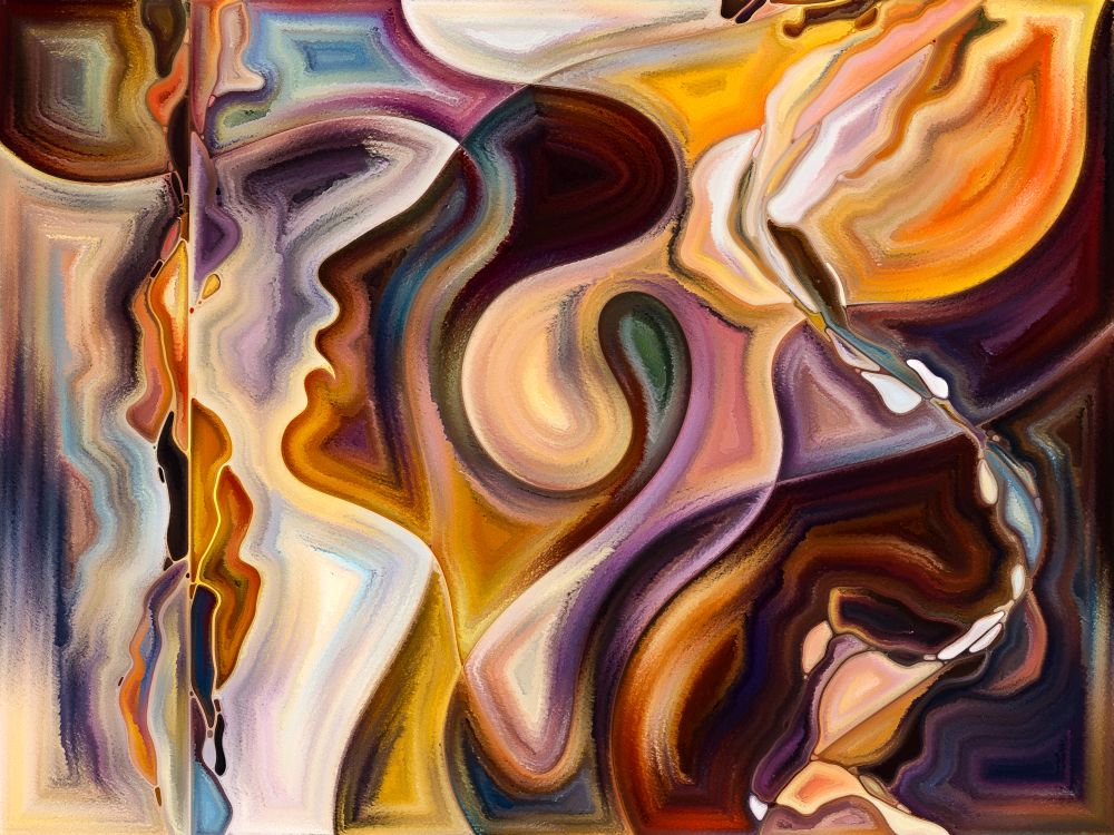 Inner Texture series. Background design of human face, colors, organic textures, flowing curves on the subject of inner world, mind, Nature and creativity