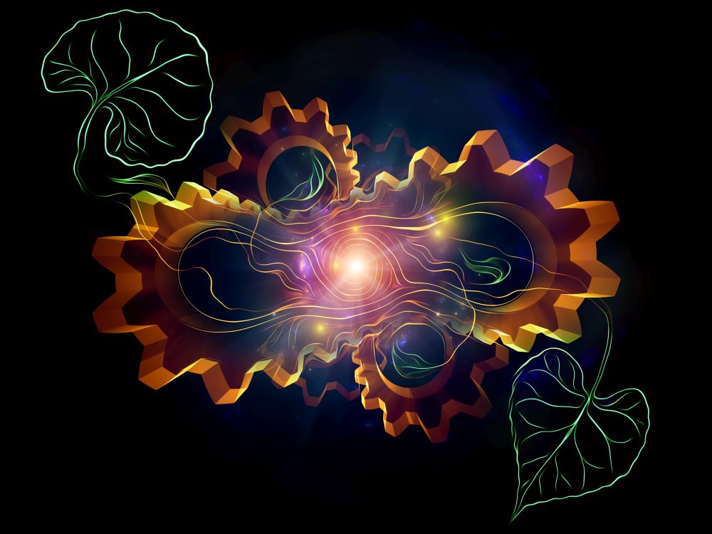 Gears, leaves and abstract lights illustration on subject of energy, life and mechanics of Cosmos