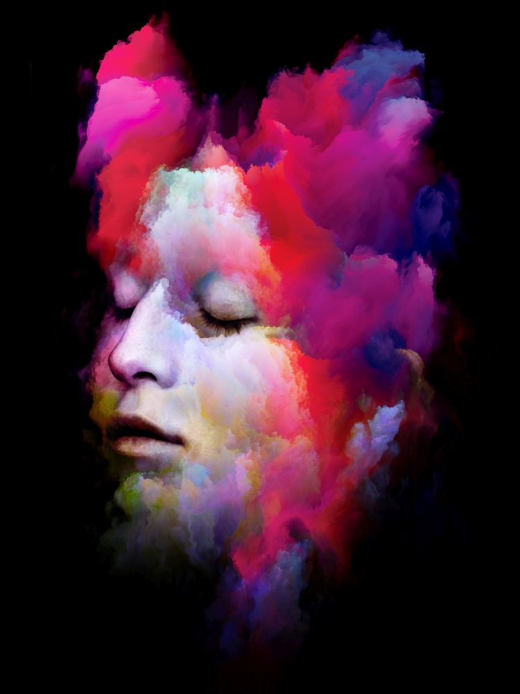 Female Portrait. Inner Color series. Composition of  human face and abstract colors isolated on black background for subject of art, design and psychology