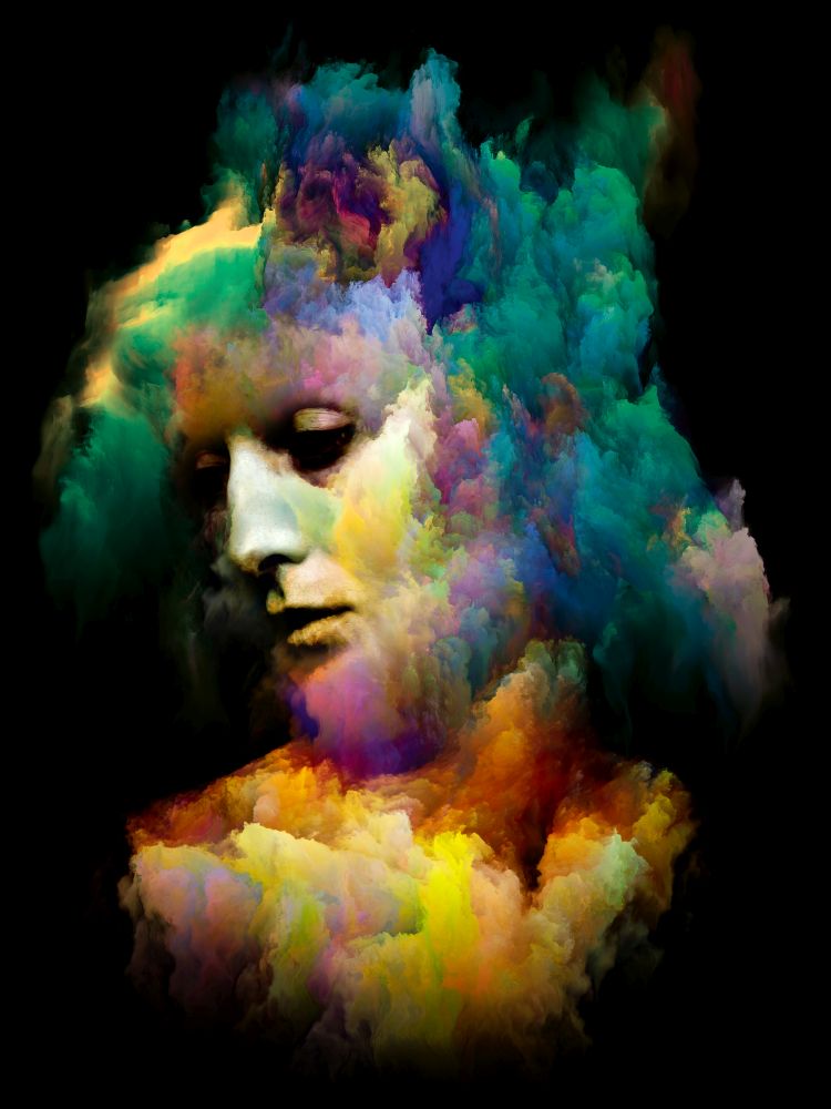 Surreal Portrait. Inner Color series. Arrangement of  human face and abstract colors isolated on black background on theme of art, design and psychology