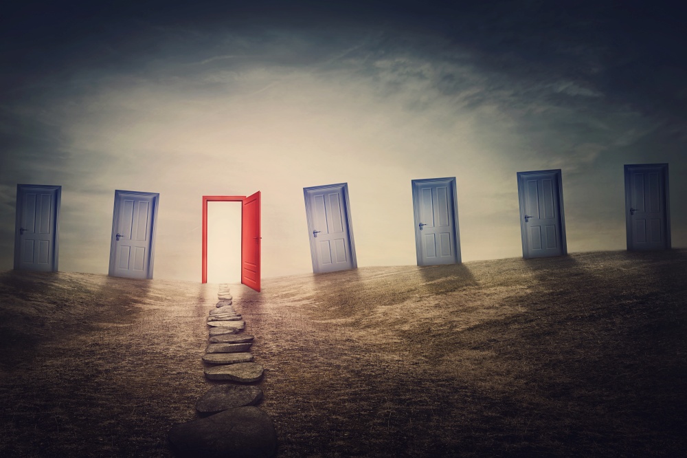 Decisive choice concept. Choose the right door for future success. Mysterious and surreal scene with multiple doorways in an open meadow and a pathway leading to a red gateway. Great life opportunity