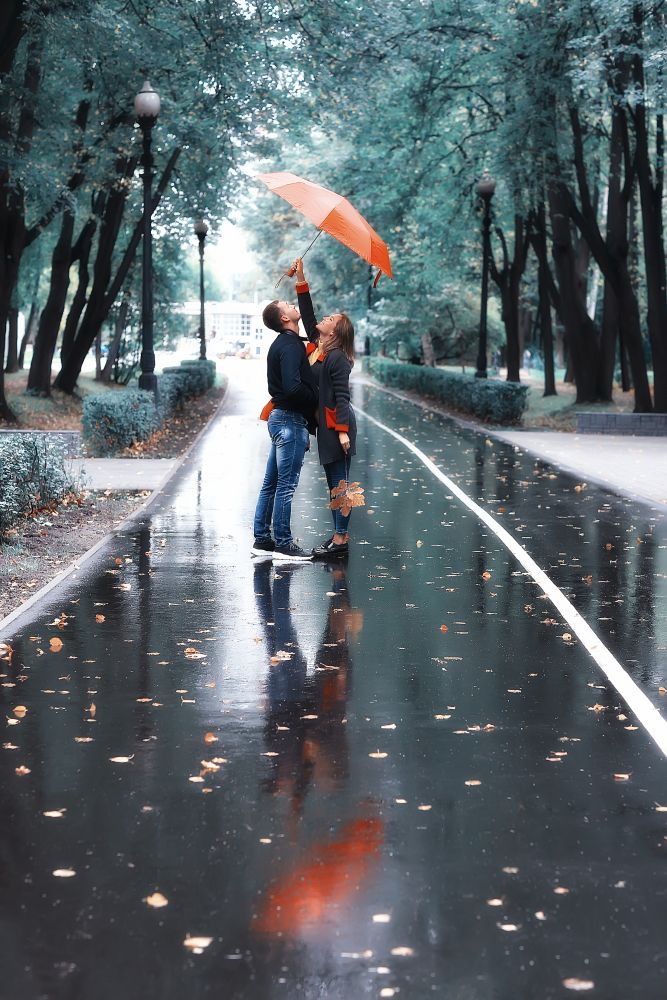 two people under an umbrella / a man and a woman are walking in a park with an umbrella, walking in the fall in the rain, an autumn umbrella