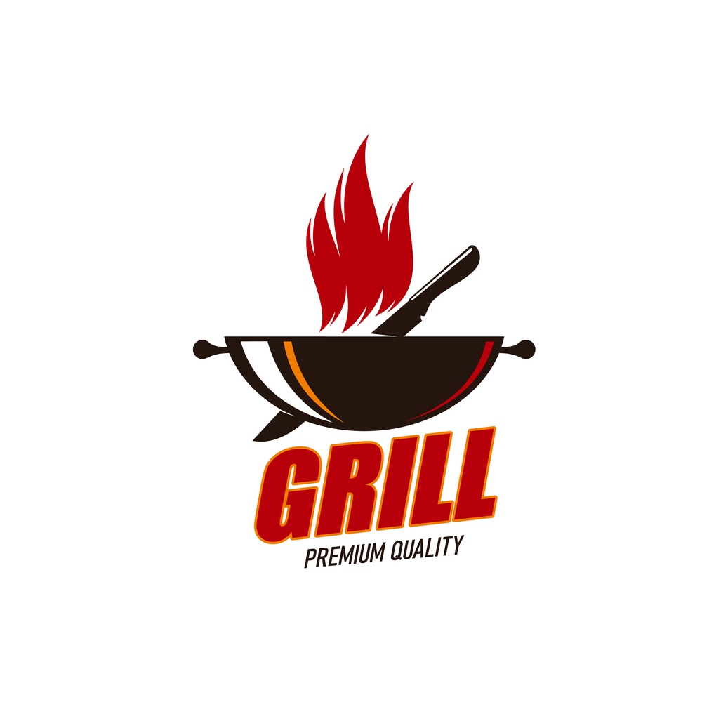 BBQ restaurant, grill bar icon or symbol with knife, red fire flames and pan or cooking pot. Barbeque equipment and tools store, BBQ party and butchery shop vector emblem or sign. BBQ restaurant, meat grill bar icon or symbol