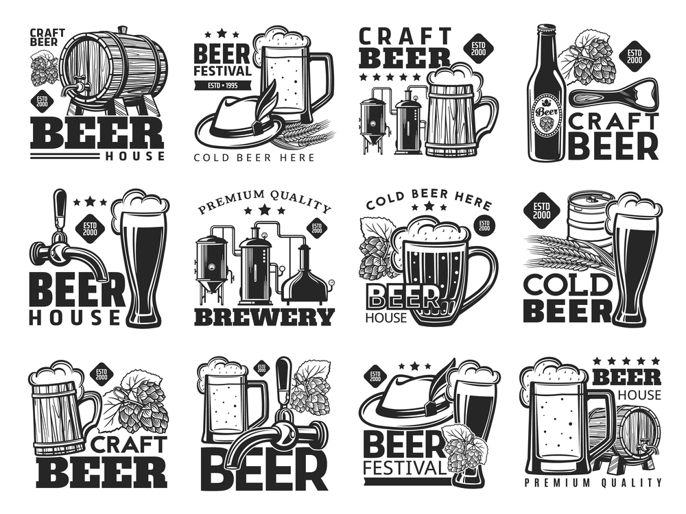 Craft beer and tankards brewery icons. Oktoberfest beer festival, bar or pub monochrome vector retro emblem with wooden and keg barrel, alpine hat, tankard and weizen glass, tap valve, hop flower. Craft beer brewery monochrome vintage icons