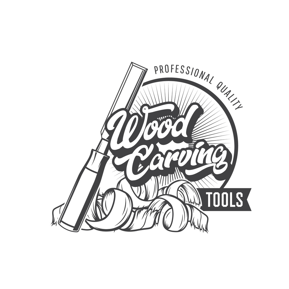 Wood carving tools icon. Woodworking industry, carpentry and construction hand equipment store vector emblem, monochrome label or symbol. Wood carving craftsman workshop sign with chisel and chips. Wood carving, woodworking tools vintage icon
