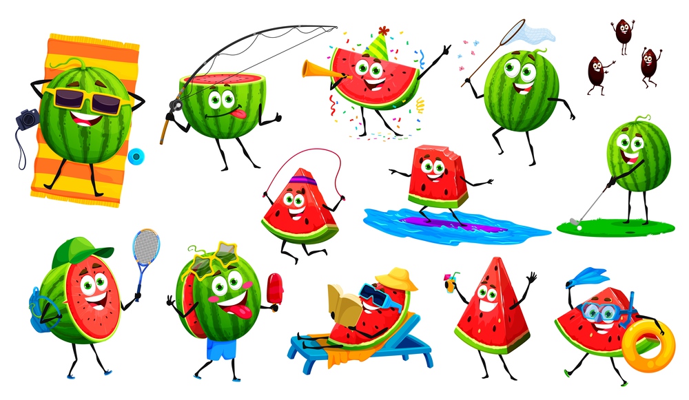 Cartoon watermelon characters on summer vacation, vector fruit food personages. Funny cute slices and seeds of watermelon fruit having fun at sea beach with sunglasses, surfing board and cocktails. Cartoon watermelon characters on summer vacation