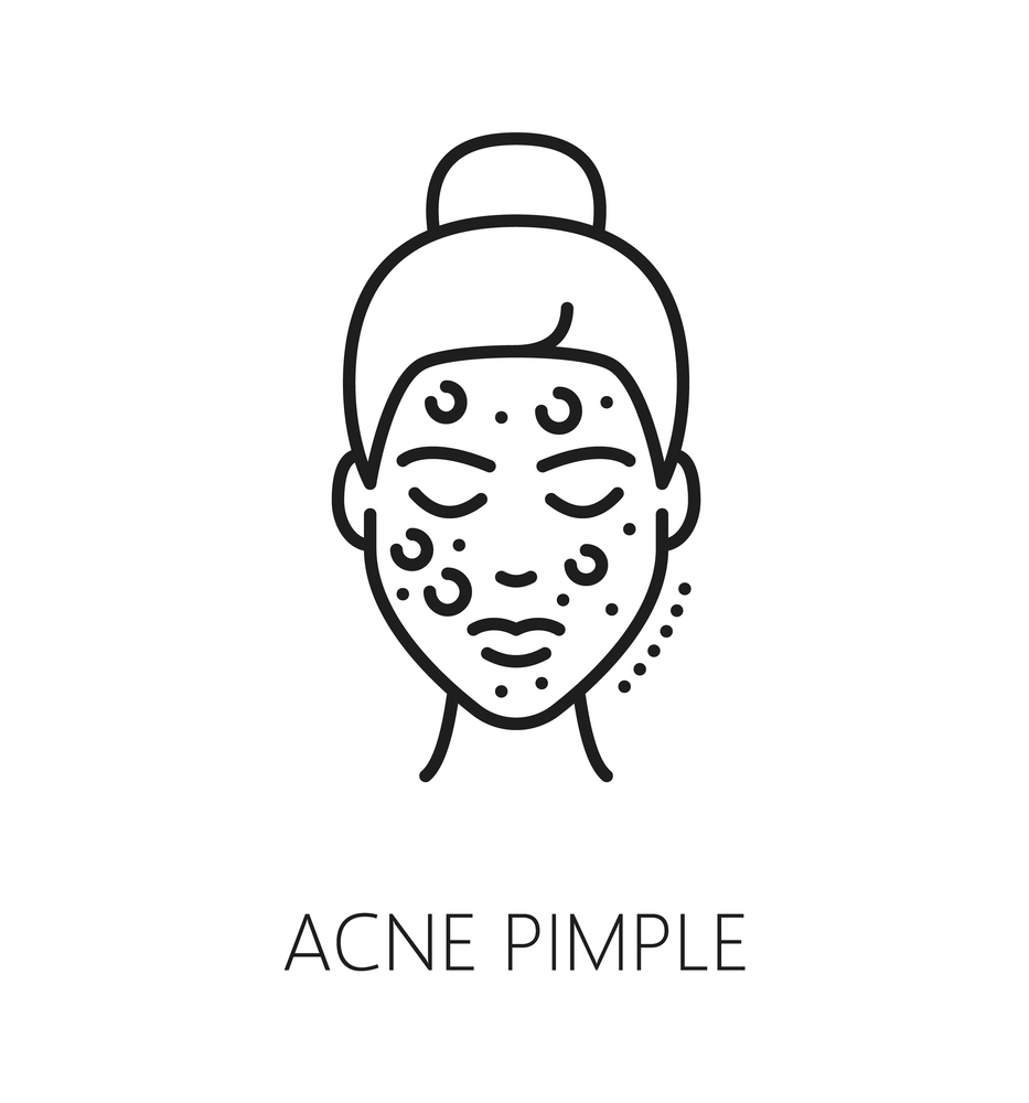 Face care cosmetology and mesotherapy, skin acne pimple, skincare health line icon. Facial skin health problem treatment and skincare cosmetics outline vector symbol with woman face covered acne. Face care health, skin acne pimple line icon