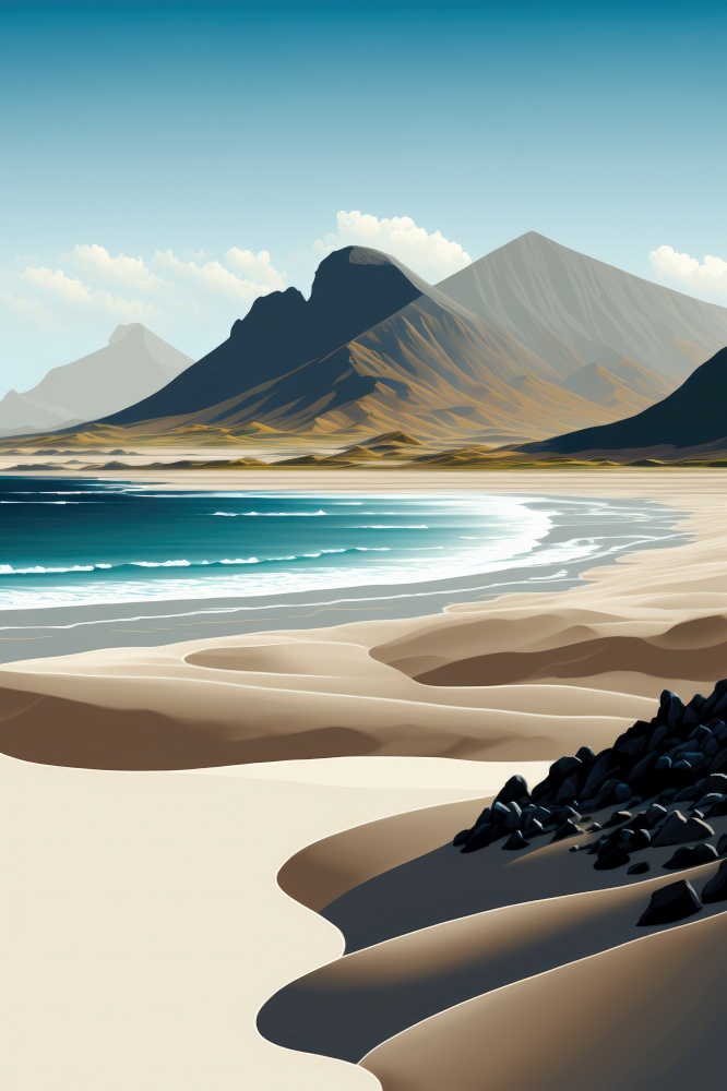 Idyllic coastline landscape with mountains and waves on the shore. Beautiful maritime drawing. Generatie AI