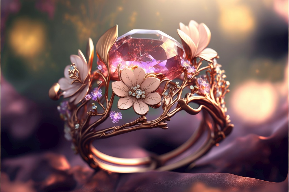 Beautiful female engagement ring with brocaded flowers. Pink and gold tones. blurred background. Generative AI