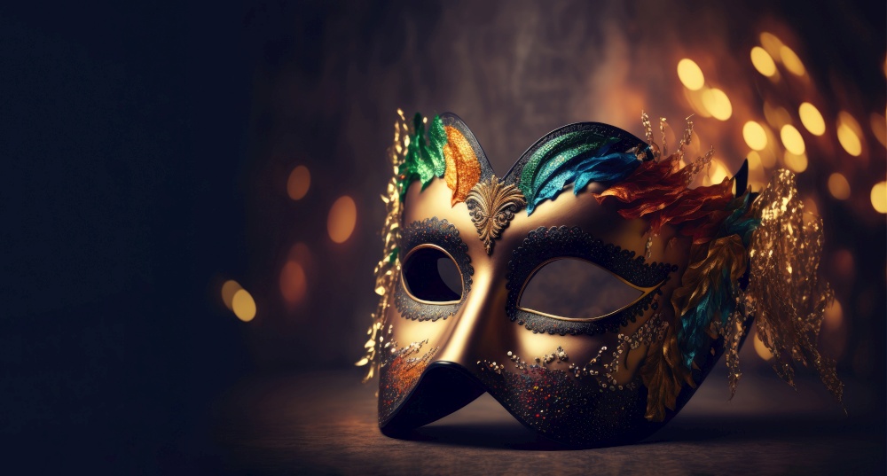 A luxurious golden mask with long feathers on a black background. Generative AI