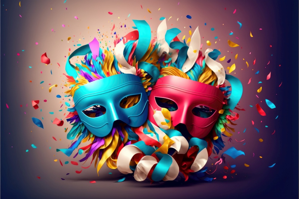 Concept of the Carnival. Colorful masks, crazy wigs, symbol of the explosion of joy and color. Generative AI