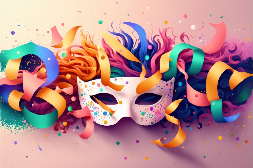 Concept of the Carnival. Colorful masks, crazy wigs, symbol of the explosion of joy and color. Generative AI