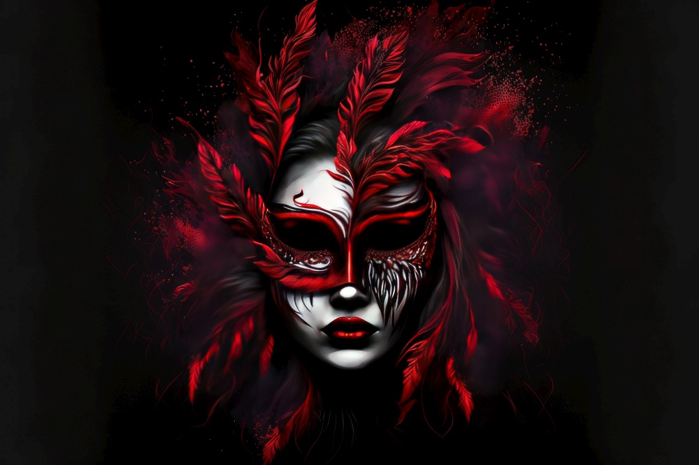 A luxurious red mask with long feathers on a black background. Generative AI