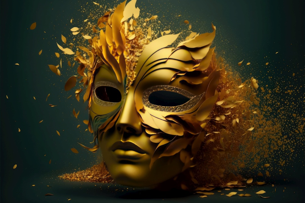 Amazing carnival golden and shiny mask on dark background. Fun time. Generative AI