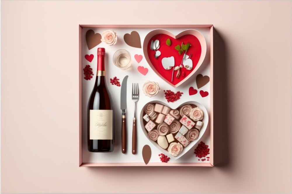 Nice box with gifts on Valentine&rsquo;s Day. Wine bottle and chocolates. Generative AI