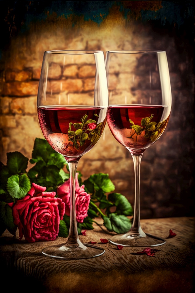 Two wine glasses and pink roses. Concept of a romantic date in a restaurant. Generative AI
