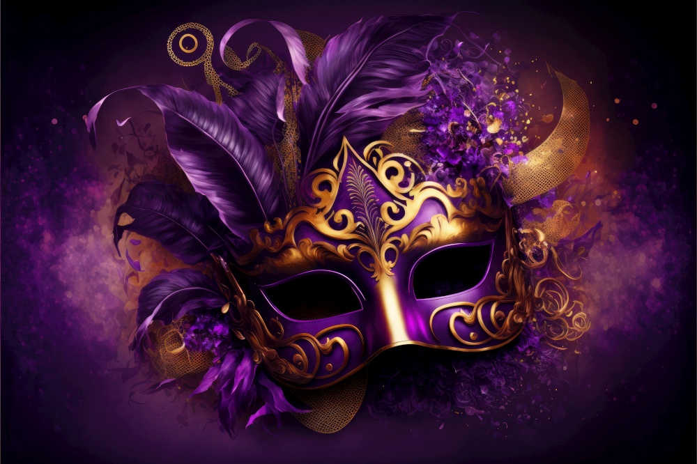Amazing carnival mask with golden and purple tones. Fun time. Generative AI