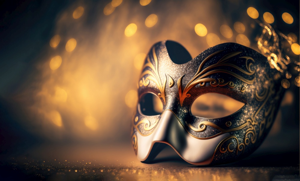 Amazing carnival golden and shiny mask on illuminated background. Fun time. Generative AI