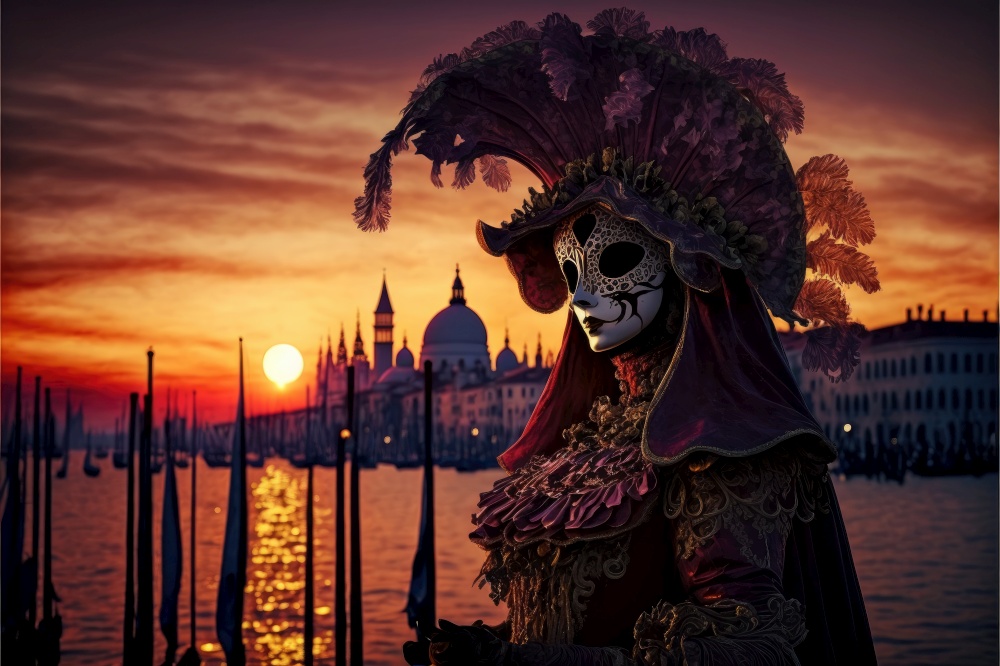 Image of the Venice carnival. Traditional venetian costumes. Generative AI