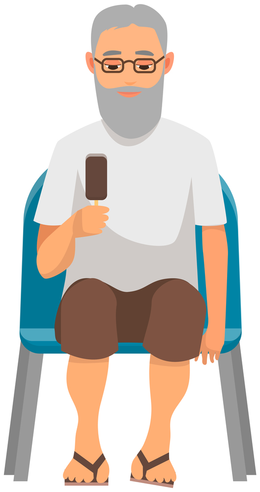 Elderly person with ice cream sitting on chair and watching show isolated on white background. Male character in viewer seat looking at something. Man spectator sitting on viewer place and eating. Elderly man with ice cream is watching show. Male spectator sitting on viewer place and eating