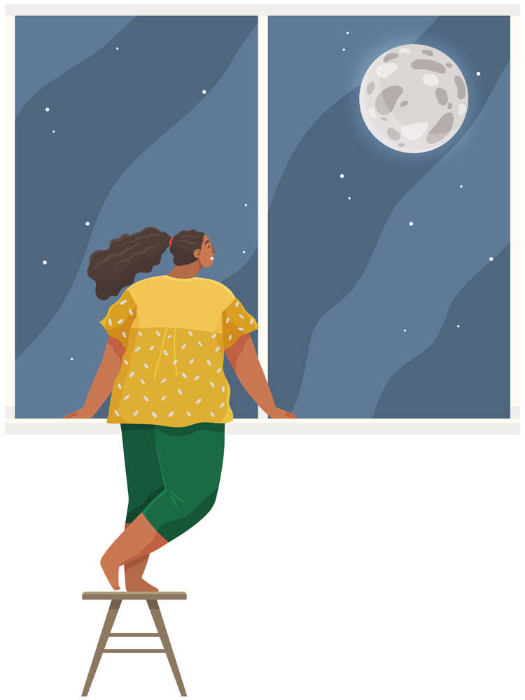 Girl standing next to windowsill and looking at moon outside window. Female character spends time at home at night. Child in children s room looks at sky, stars. Stylish interior of room for kids. Girl is standing next to windowsill and looking at moon outside window in children s room
