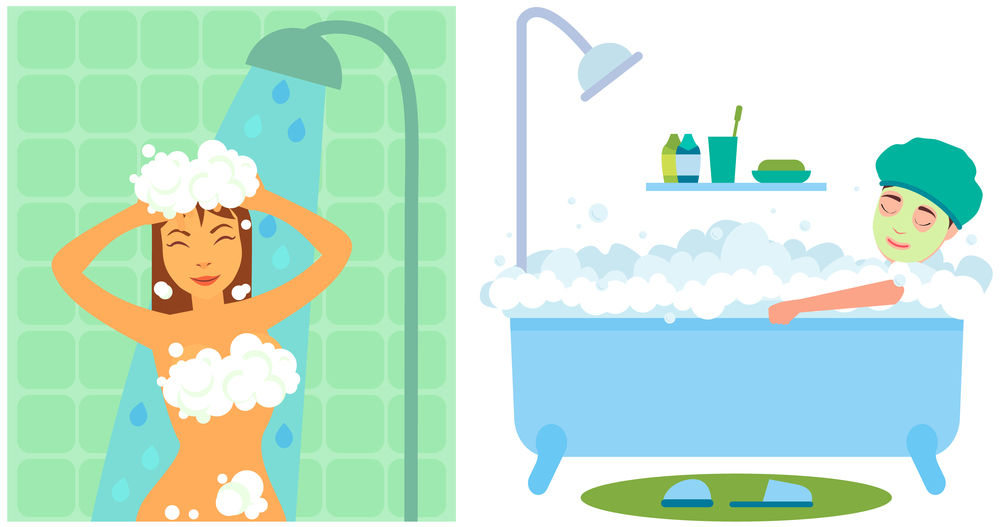 Hygiene, personal beauty care concept. Woman showering, cleaning her body and hair under shower. Girl bathes in foam, washing her body in bathroom. Lady sits in hot tub, takes bath, makes face mask. Lady sits in hot tub, takes bath, makes face mask. Woman showering, cleaning her body and hair