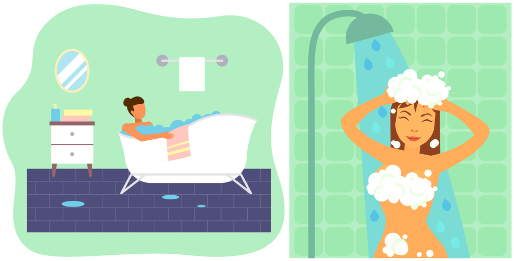 Hygiene, personal beauty care concept. Beautiful woman showering, cleaning her body and hair in bathroom. Girl bathes in foam, washing her body. Lady sits in hot tub, takes bath vector illustration. Woman showering, cleaning her body and hair in bathroom. Girl bathes in foam, washing her body