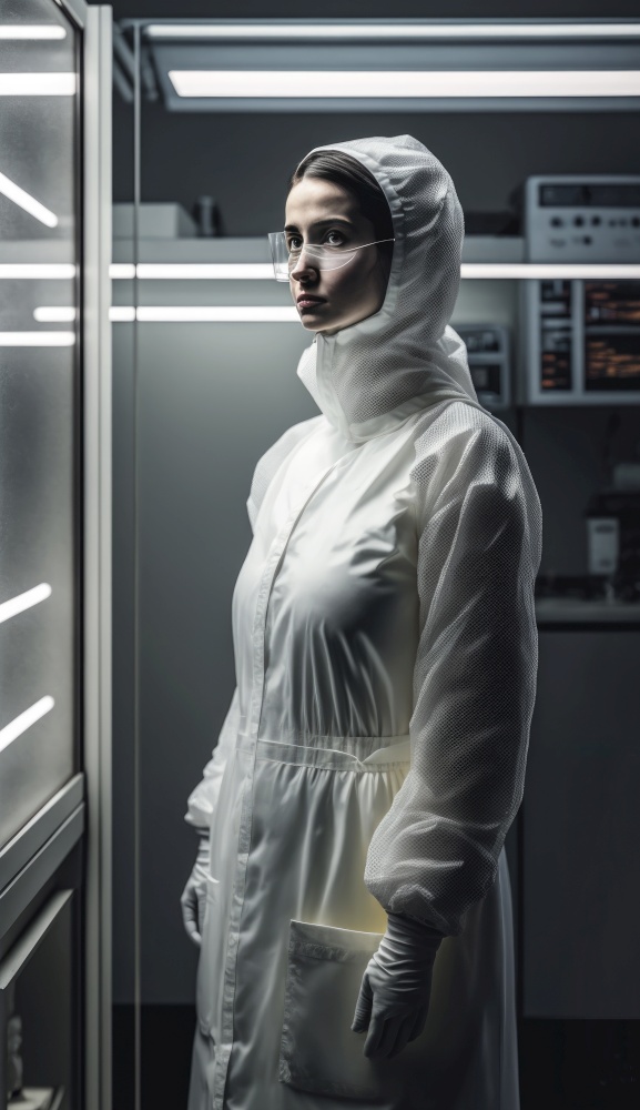 Female nurse standing in a covid-19 and flu test facility. She is wearing a white protective suit and glasses, which convey a sense of professionalism and expertise. Her attire provides full coverage and protection from any airborne viruses or bacteria, highlighting her dedication to the safety of her patients and colleagues. The nurse appears calm and collected, indicating her ability to handle the high-pressure and stressful environment that comes with testing for infectious diseases. The sterile, clinical setting is emphasized by the white walls and equipment, contributing to the overall impression of a controlled and safe testing environment. AI generative illustration