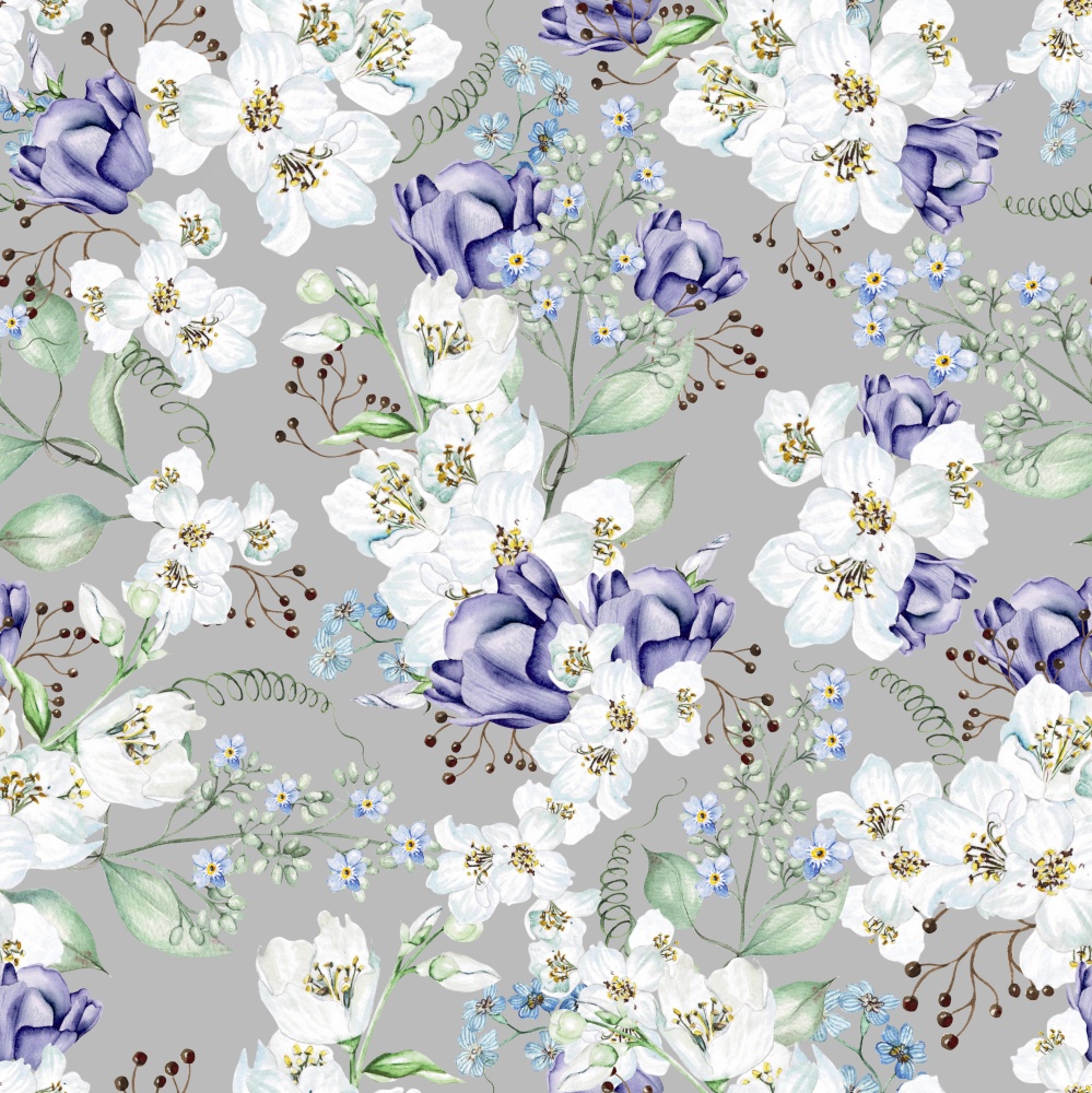 Flower cherry  blossom, tulips and leaves. Floral seamless pattern. Watercolor. Flower cherry  blossom, tulips and leaves. Floral seamless pattern.