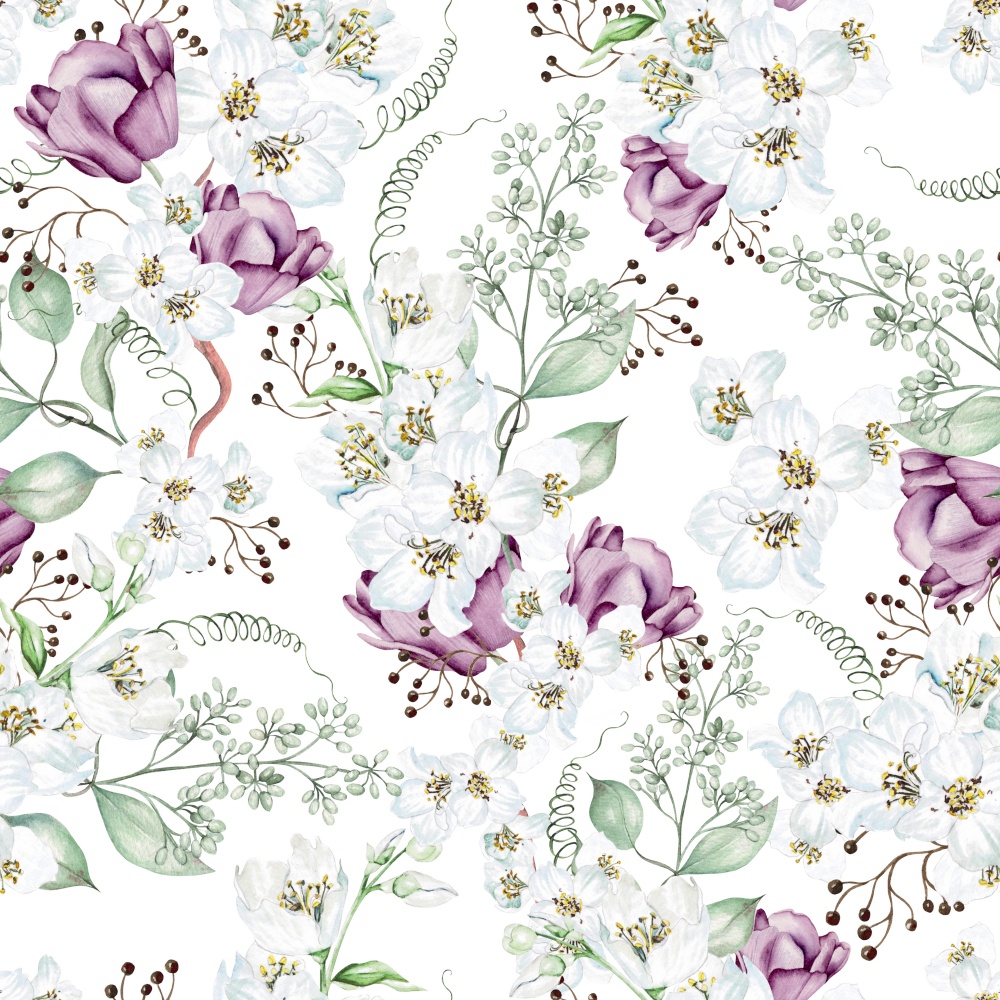 Flower cherry  blossom, tulips and leaves. Floral seamless pattern. Watercolor. Flower cherry  blossom, tulips and leaves. Floral seamless pattern.