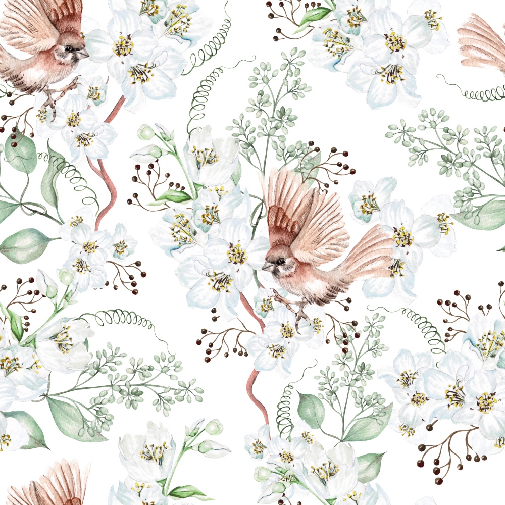 Flower cherry  blossom and birds. Floral seamless pattern. Watercolor. Flower cherry  blossom and birds. Floral seamless pattern.