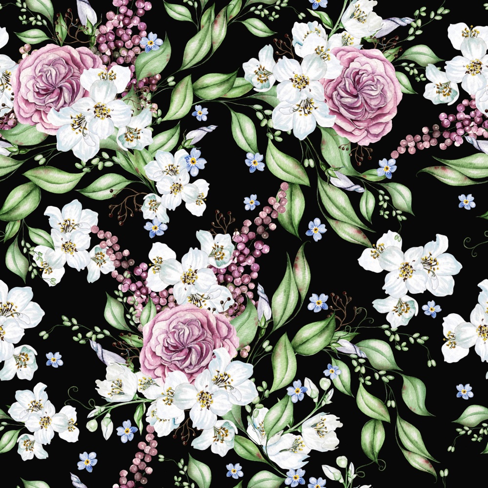 Flower cherry  blossom, roses and leaves. Floral seamless pattern. Watercolor. Flower cherry  blossom, roses and leaves. Floral seamless pattern.