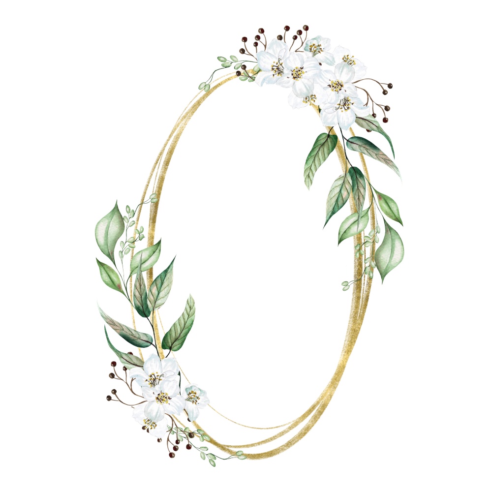 Flower cherry  blossom and eucalyptus leaves. Floral wedding wreath. Watercolor. Flower cherry  blossom and eucalyptus leaves. Floral wedding wreath.