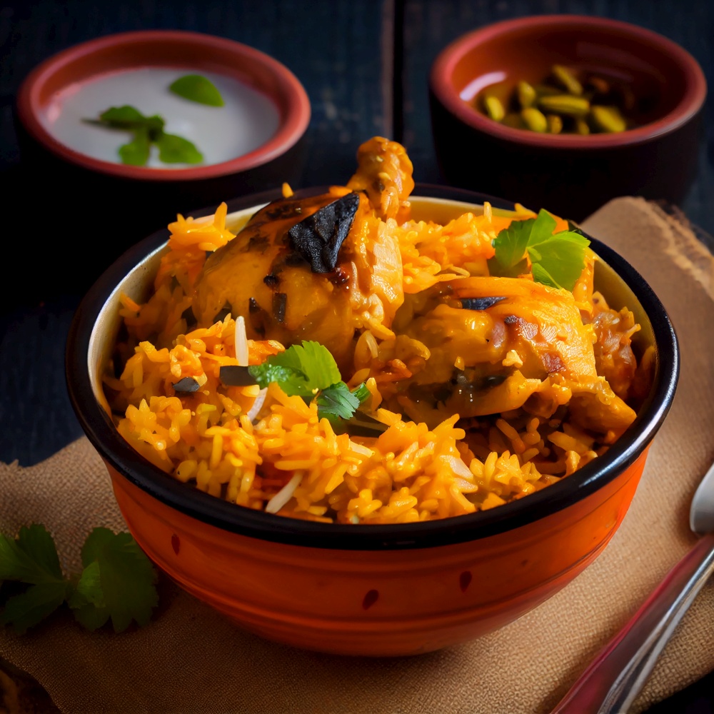Delicious Rice with Chicken Indian Recipe. AI Generative