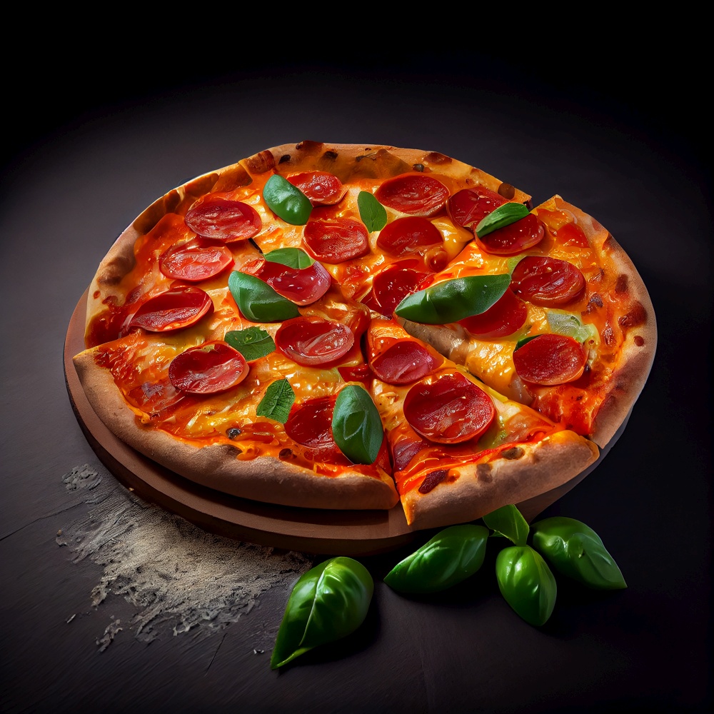 Pizza on black board. Illustration AI Generative