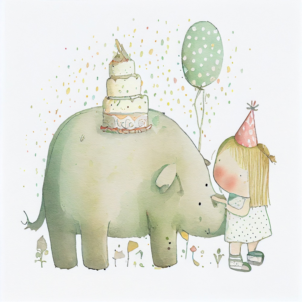 Watercolor Painted happy Birthday Childish Greeting Card Illustration AI Generative