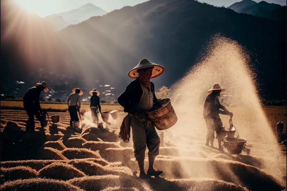 People harvest rice in the rice fields in the mountains Illustration Generative AI