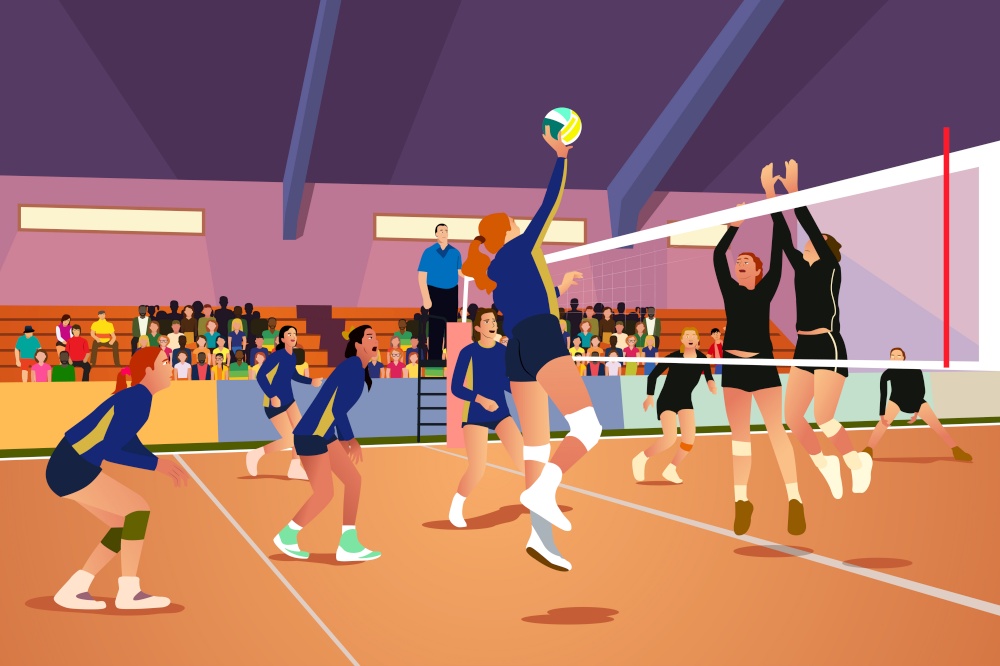 A vector illustration of High School College Girls Indoor Volleyball Match