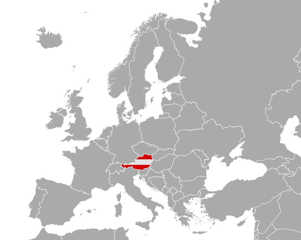 Map and flag of Austria in Europe