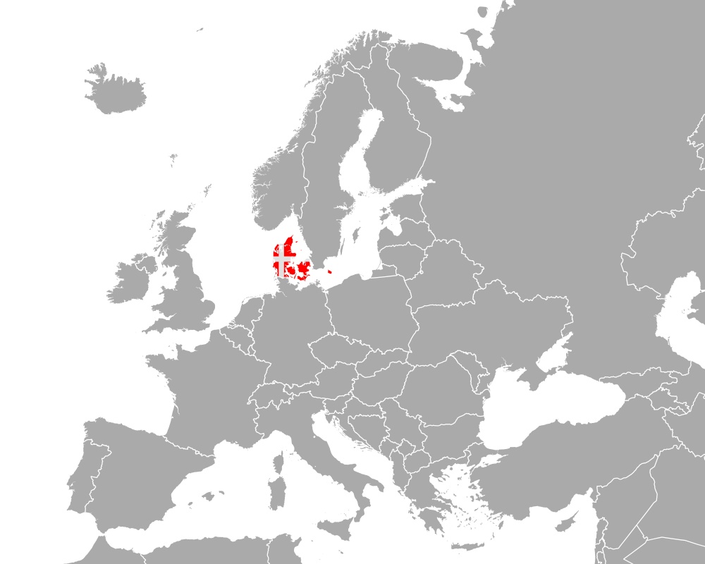 Map and flag of Denmark in Europe