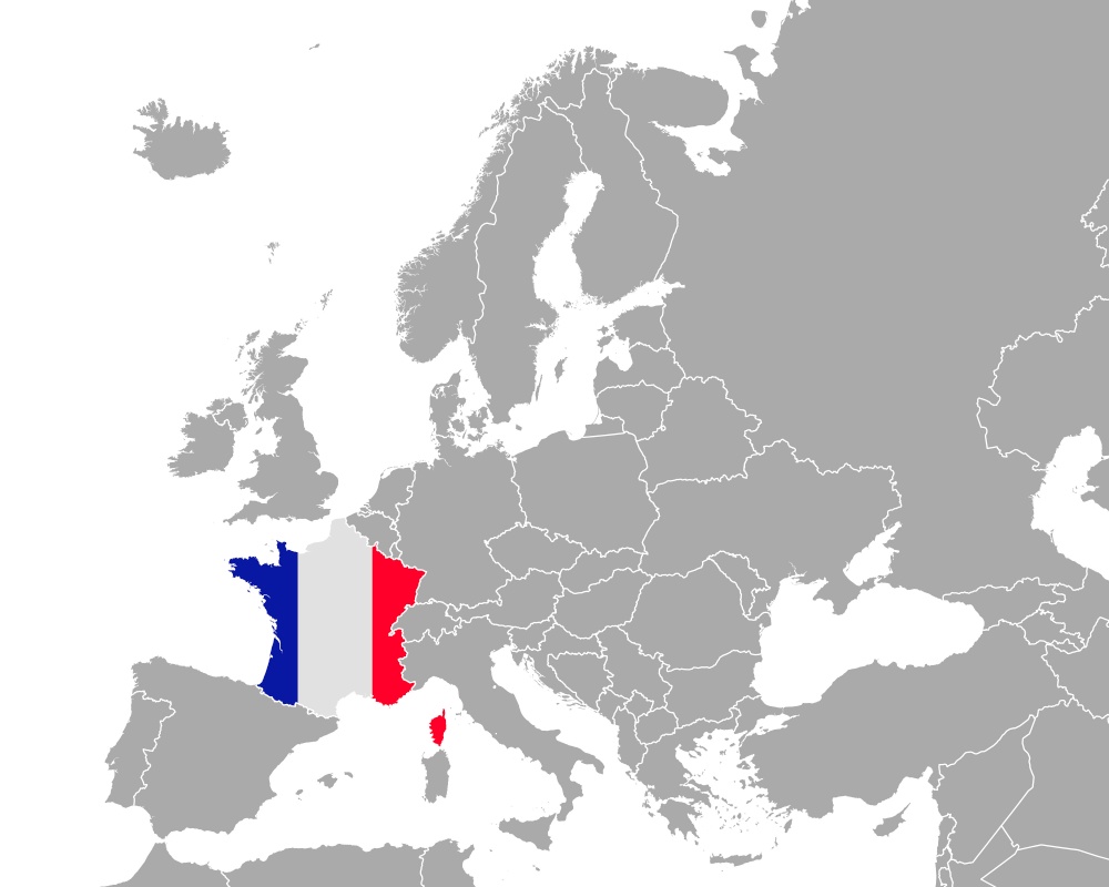 Map and flag of France in Europe