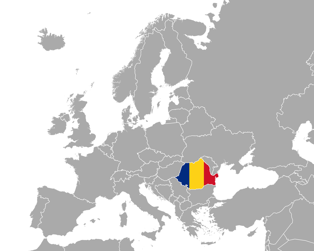 Map and flag of Romania in Europe